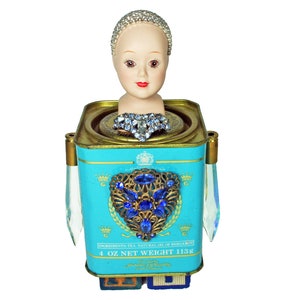 Hi DOLL III, Mixed Media Art Doll, Altered Art Doll, Upcycled Tin Doll Sculpture, Antique Blue Vintage Assemblage