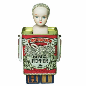 PEPPER Hi DOLL, Mixed Media Art Doll, Altered Art Doll, Tin Art Doll Sculpture, Upcycled Art Doll, Antique Rhinestones