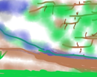 Pode incluir: Uma pintura digital de uma paisagem com uma área de grama verde em primeiro plano, uma colina marrom no meio e um céu azul e verde no fundo. O céu tem um efeito de aquarela e a colina tem uma textura suave e borrada.