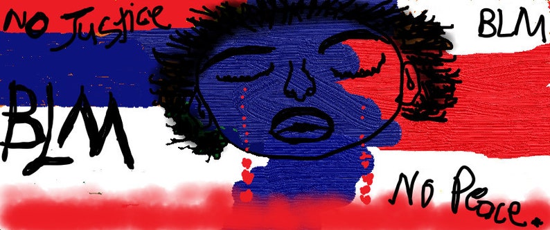 Pu&ograve; includere: Un dipinto digitale di una persona con gli occhi chiusi e lacrime che le scorrono sul viso. Lo sfondo &egrave; una bandiera rosso, bianco e blu con le parole "No Justice" e "BLM" scritte su di essa. Le parole "No Peace" sono anche scritte sulla bandiera.