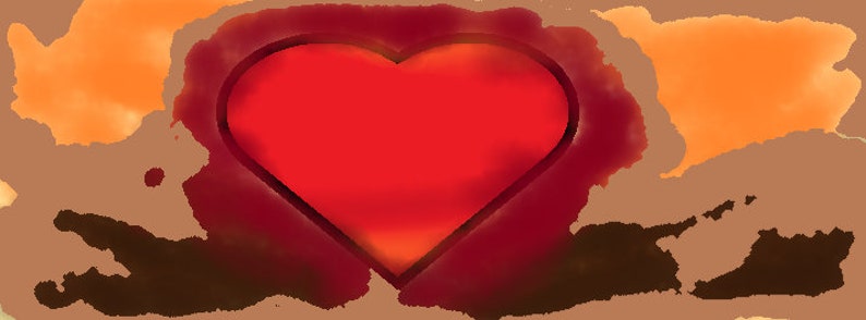 May include: A red heart shape with a dark red outline, set against a background of brown, orange, and red watercolor washes.