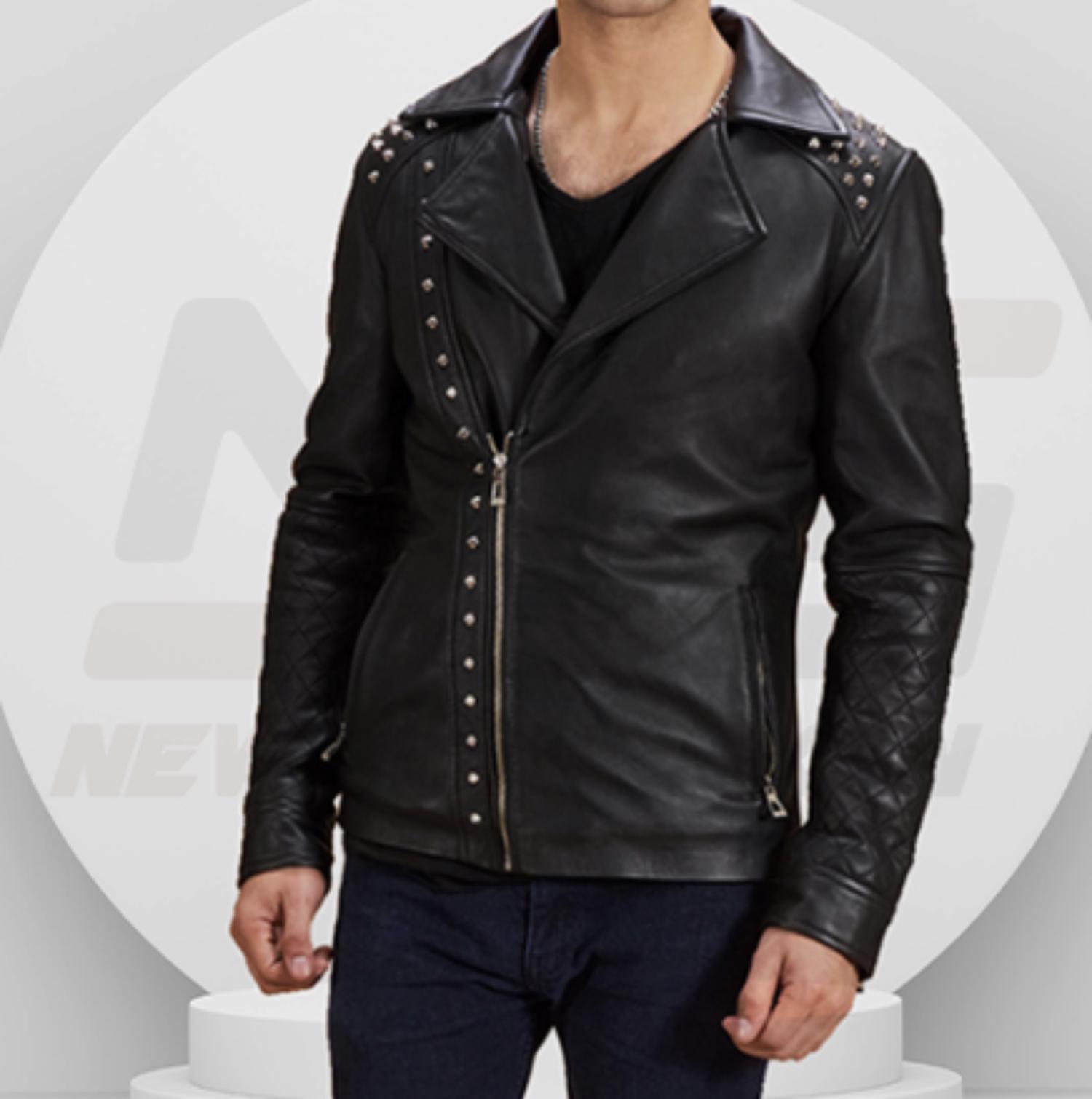 ブラックスタッズシープスキンレザージャケット - メンズバイカー