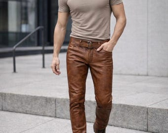 Handmade Brown Lambskin Leather Pants: Slim Fit Motorcycle Trousers