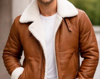 Handmade Brown Sheepskin Shearling Leather Bomber Jacket