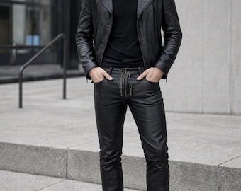 Handmade Lambskin Leather Pants: Slim Fit Laced Biker Style