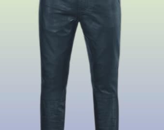 Handmade Blue Lambskin Leather Pants: Slim Fit Motorcycle Trousers