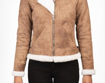 Distressed Brown Schaffell Bomberjacke: Kunstpelzkragen