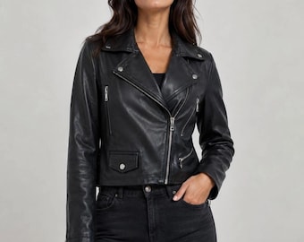 Black Sheepskin Leather Biker Jacket: Semi-Aniline Finish