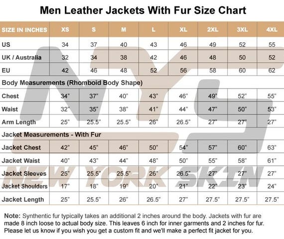 Conversion Chart Men's Leather Jacket Size Chart Leather