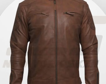 May include: A brown leather jacket with a zip fastening and two pockets on the front. The jacket has a stand-up collar and long sleeves.