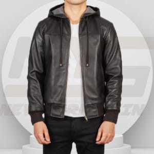 Veste en cuir à capuche marron café | Blouson aviateur en cuir à capuche | Veste en cuir marron à capuche pour homme | Cadeau pour lui