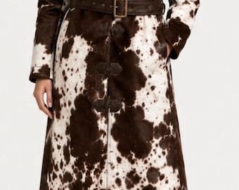 Handmade Cowhide Hair-On Trench Coat: Women's Western Style Leather Coat