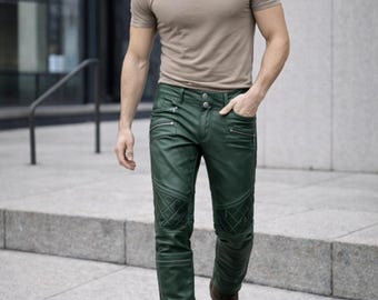 Men's Green Lambskin Leather Pants - Slim Fit Biker Trousers