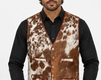 Handmade Cowhide Hair-On Vest: Brown & White Genuine Leather