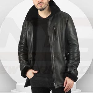 Handgemaakt zwart leren jack van schapenvacht: echte schapenvachtbommenwerper