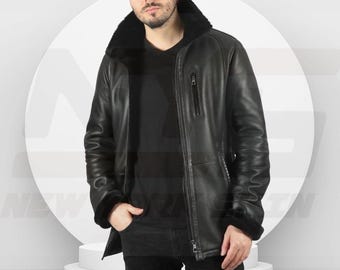 Handmade Black Shearling Leather Jacket: Genuine Sheepskin Bomber
