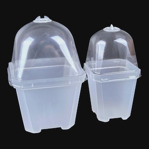 Op de afbeelding: Twee doorzichtige plastic containers met koepelvormige deksels. De containers zijn vierkant van vorm met een licht taps toelopend ontwerp. De deksels hebben een klein lipje aan de bovenkant. De containers zijn waarschijnlijk voor verpakking of opslag.
