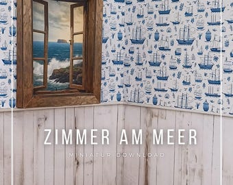 Miniature wallpaper, wall covering, floor and windows – beach house in 1:12 scale