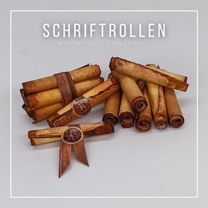 May include: Rolled paper scrolls with brown ribbon and seal details. The scrolls are arranged in small stacks and individually. The image includes the text "SCHRIFTROLLEN" and "MINIATUR DOWNLOAD" in white.