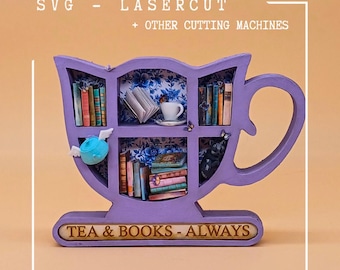 Miniature teacup bookshelf – Digital laser cut download with miniature book print file