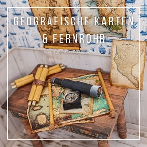 Geografische Karten und Fernrohr im Maßstab 1:12 zum Drucken und Basteln