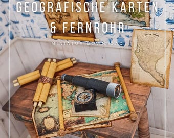 Mapas geográficos y telescopio en escala 1:12 para imprimir y hacer manualidades.