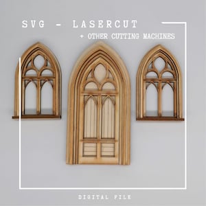 File SVG di porte e finestre gotiche tagliate al laser per casa delle bambole o BookNook