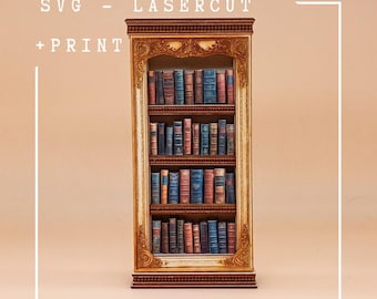 Miniature bookshelf with 47 books – scale 1:12 – Digital modeling sheet & laser cut file (SVG + PNG)