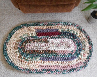 Oval rag rug, crocheted throw rug, green burgundy rose, handmade, washable, reversible, crocheted rug, hand crafted rag rug
