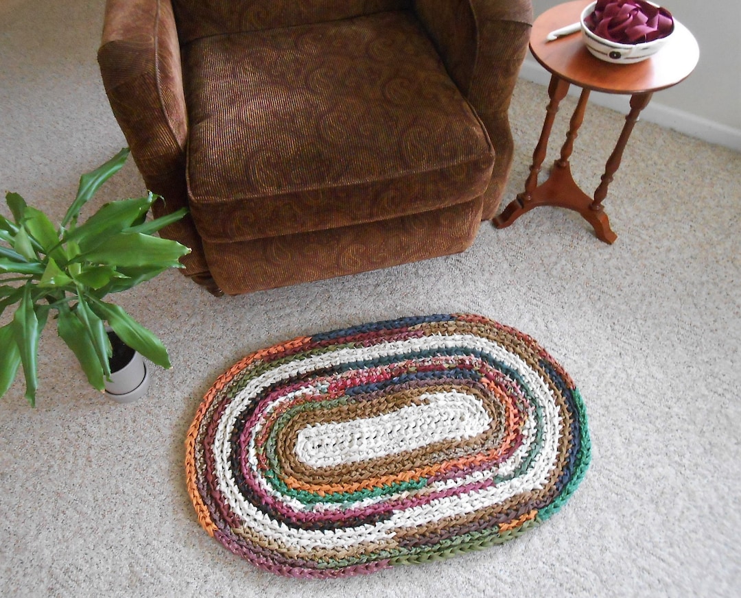 Oval Rag Rug, Crocheted Throw Rug, Fall Colors, Handmade, Washable