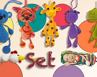 pattern bag pendant set doll crochet amigurumi tutorial by ebook doll dolly girl puppet maid cat giraffe dinosaur baer dragon wyvern bird