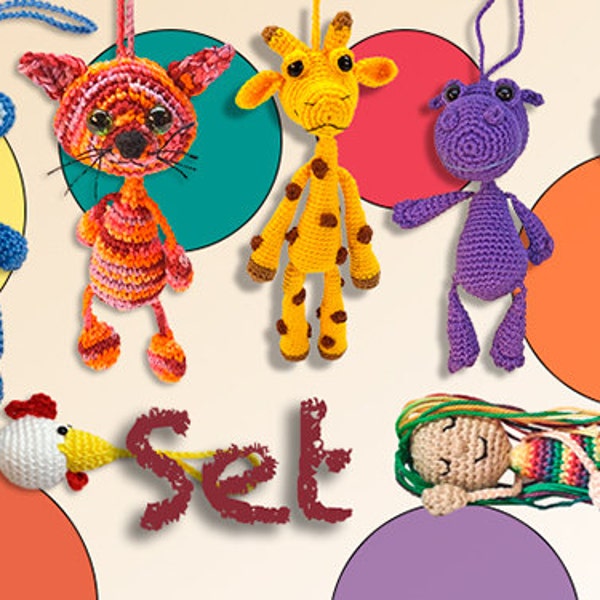 pattern bag pendant set doll crochet amigurumi tutorial by ebook doll dolly girl puppet maid cat giraffe dinosaur baer dragon wyvern bird