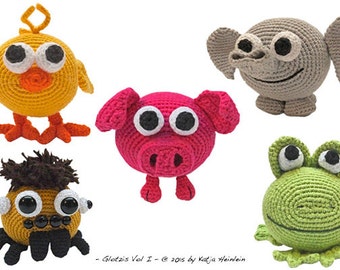 amigurumi animal glotzis PDF crochet pattern tutorial by Katja Heinlein chick elephant spider frog pig chicken bird tarantula stuff toy kid