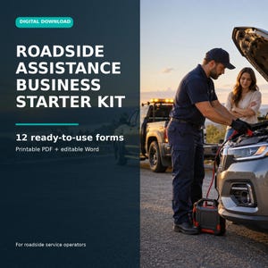 Może przedstawiać: Cyfrowy plik do pobrania zatytułowany Roadside Assistance Business Starter Kit zawierający 12 gotowych formularzy w formacie PDF do druku i edytowalnym formacie Word. Grafika przedstawia tekst na tle sceny pomocy drogowej.