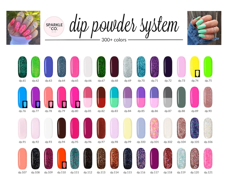 May include: A chart of 121 different colors of dip powder nail polish. The colors are arranged in rows of 10, with each color labeled with a number. The chart is titled "dip powder system" and "300+ colors".