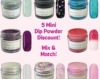 Dip Powder 5 Pack Discount Mix and Match | Dip Powder for Nails, Solid, Glitter, Shimmer, Flake, Neon Glow, Dipping Kit, Acrylic Nail Powder