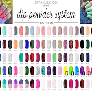 May include: A color chart of 100 different dip powder nail colors. The chart is organized in rows of 10 colors each. The colors range from light to dark, and include a variety of shades, including pink, blue, green, red, and purple. The chart is labeled with the numbers 01 to 100.