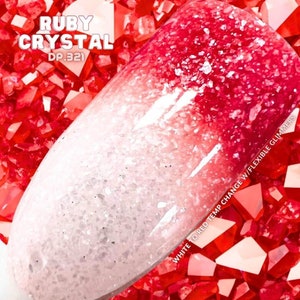 May include: A white to red temperature change nail polish with flexible glitters. The polish is shown on a nail and surrounded by red glitter. The text "RUBY CRYSTAL DP.321" is shown on the image.
