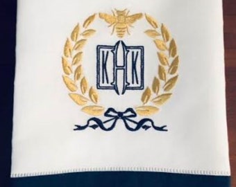 Embroidered Monogrammed Tea Towel With Laurel Wreath and Napoleonic Bee