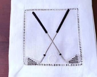 Set of 4 Linen Cocktail Napkins – Golf Club Embroidery – 100% White Linen 6x6