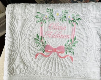 Personalized Baby Quilt Blanket | Heirloom Keepsake Baby Shower Gift | Daisy Embroidered Quilt