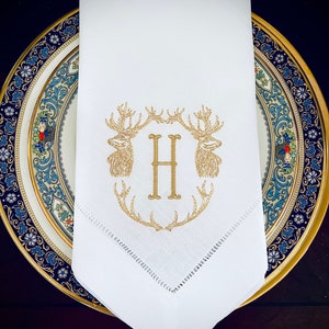 Custom Embroidered Regal Stag with Monogram Linen Dinner Napkins
