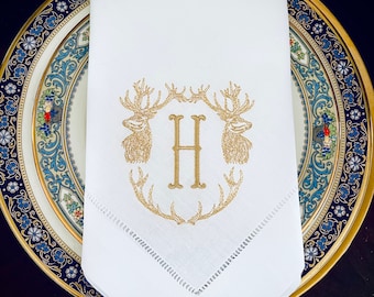 Custom Embroidered Regal Stag with Monogram Linen Dinner Napkins