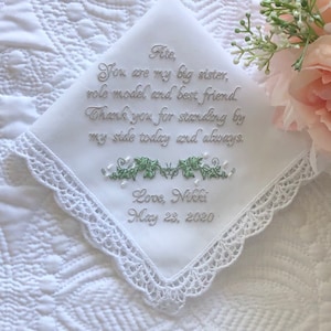 Embroidered Wedding Handkerchief Sister Gift, Sister Handkerchief, Maid of Honor Gift