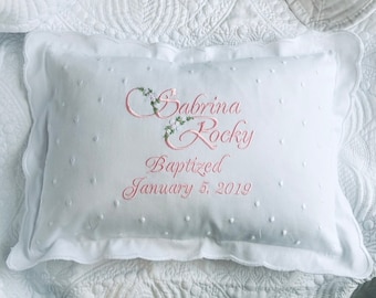 Embroidered Keepsake Baptism Gift Pillow with Scalloped Border