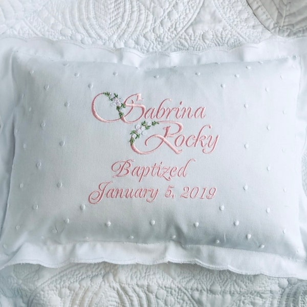 Embroidered Keepsake Baptism Gift Pillow with Scalloped Border