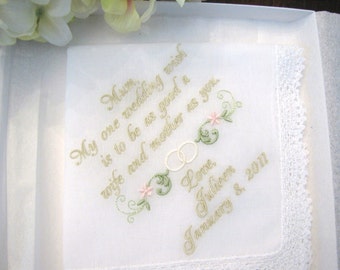 Personalized Mother of the Bride Weddihng Handkerchief with Wedding Ring Swag