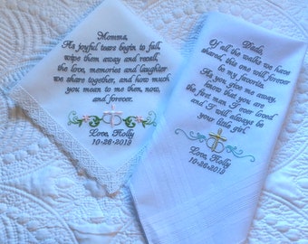 Custom embroidered Wedding Handkerchiefs For Mother and Father of the Bride