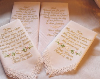 Set of Four Personalized Ivory or White Wedding Handkerchiefs