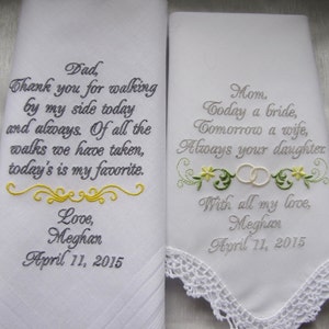 Two Custom Embroidered Parent Gift Handkerchiefs